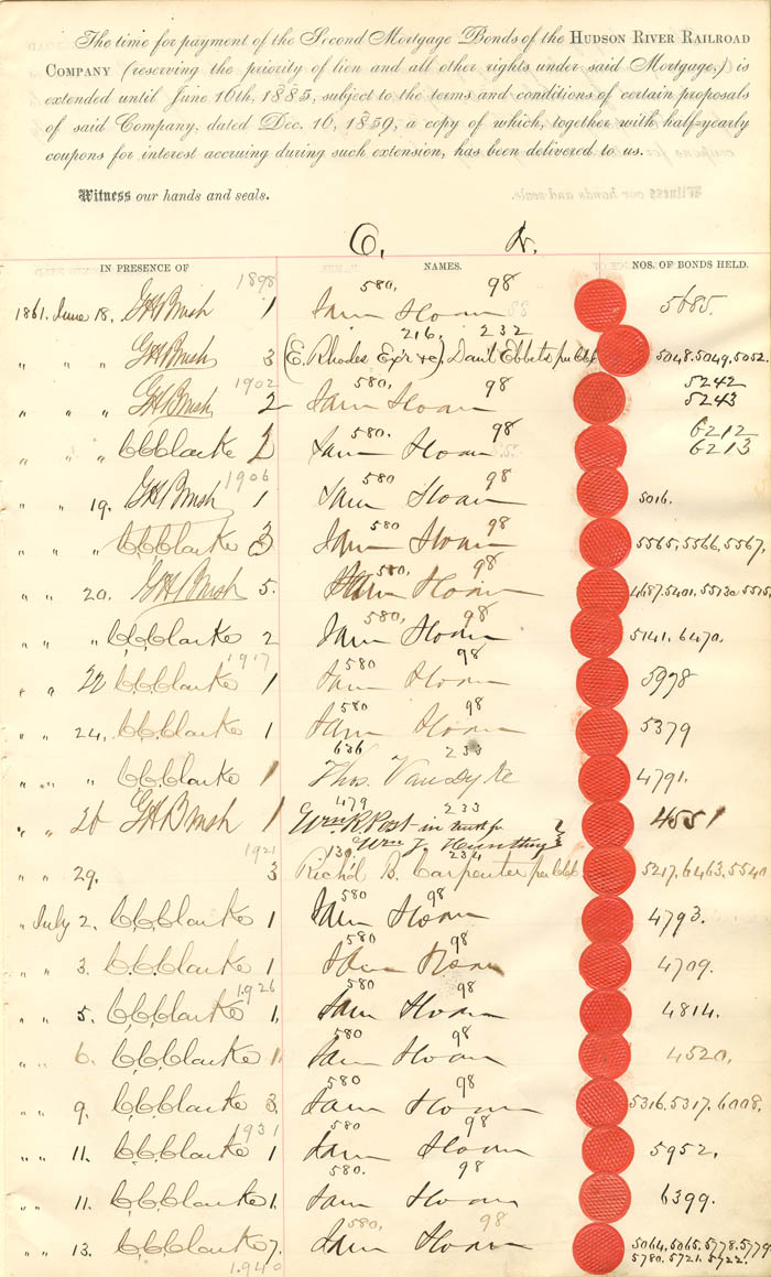 Hudson River Railroad Co. Receipt of Bonds Sheet signed by S. Sloan 17 Times